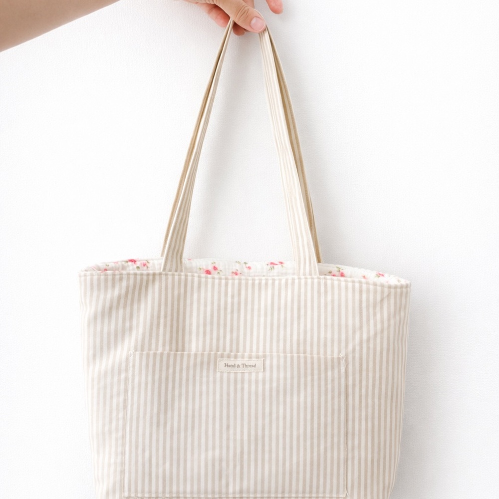Beige Striped Tote Bag with Floral Lining